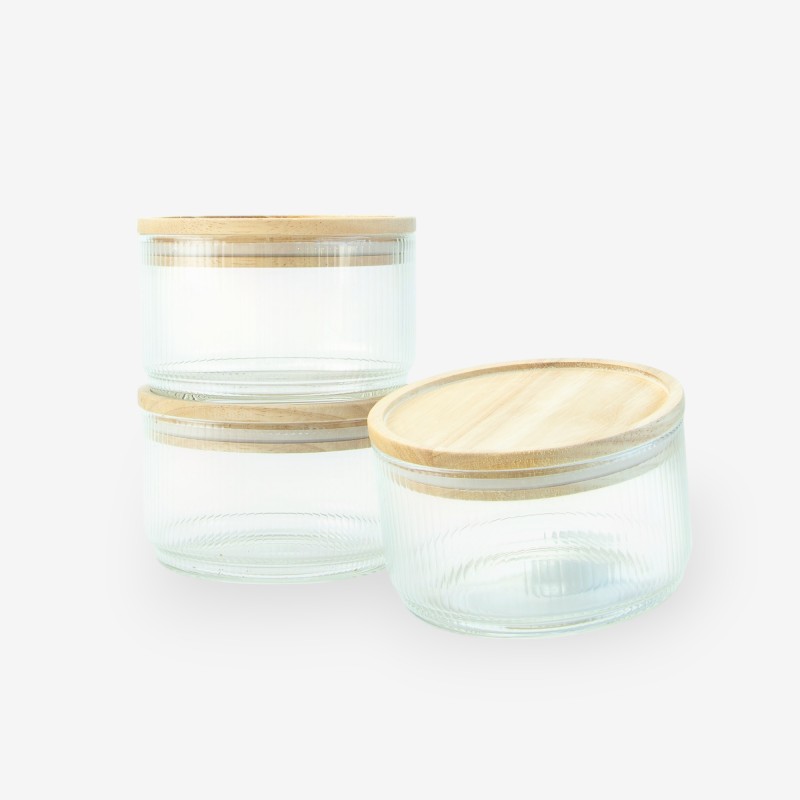 Set de 3 pots cylindriques en verre avec intérieur nervuré et couvercle en bois