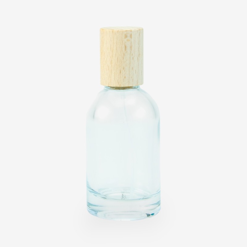 Glazen roomsprayflesje met houten dop 50ml - transparant