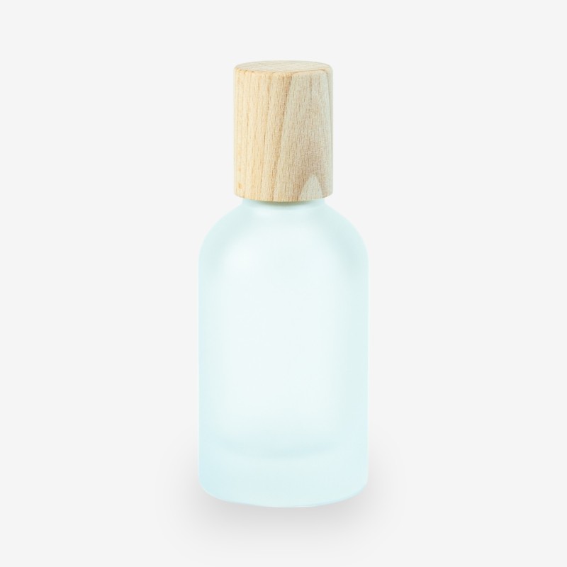 Glazen roomsprayflesje met houten dop 50ml - frosted wit