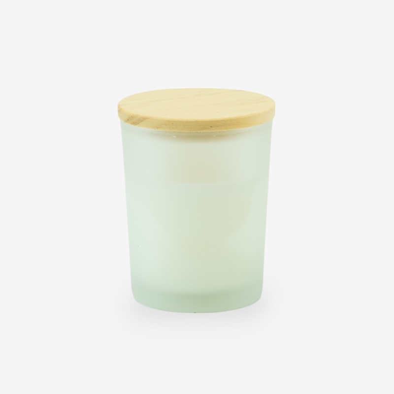 petite bougie parfumée avec couvercle en bois – blanc effet givré