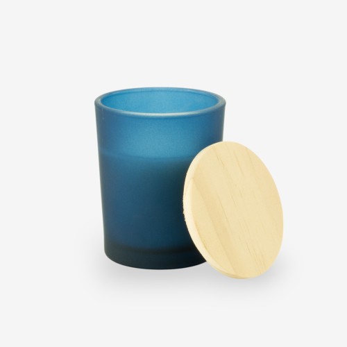 petite bougie parfumée avec couvercle en bois – blue marine effet givré