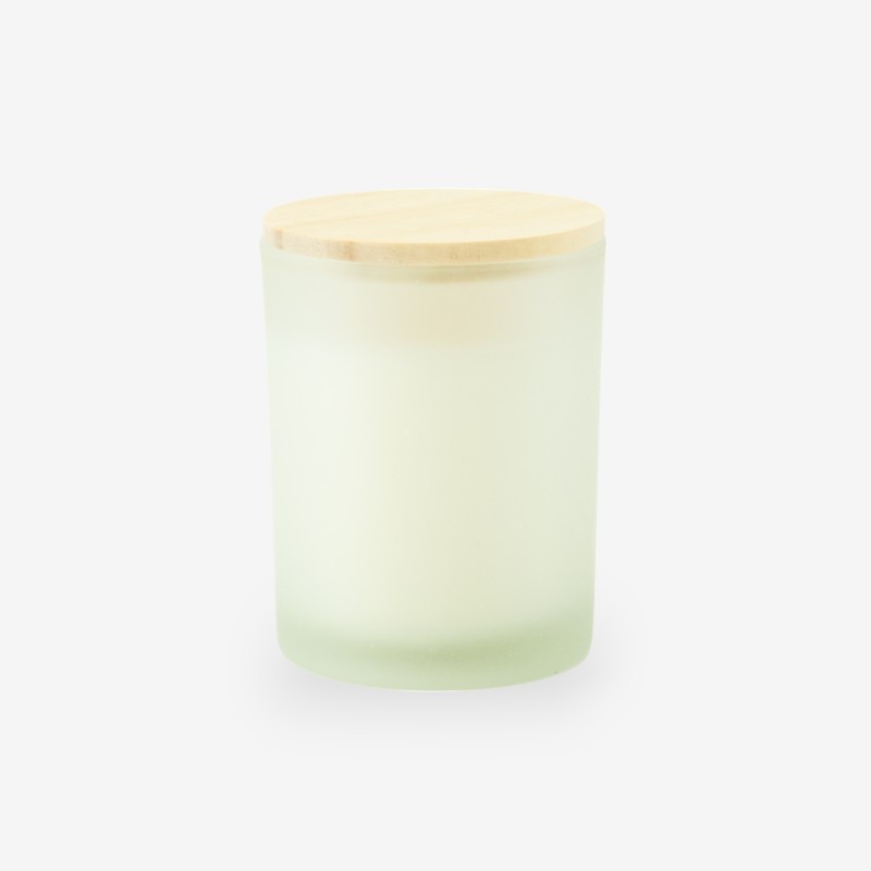 Bougie parfumée avec couvercle en bois – blanc effet givré