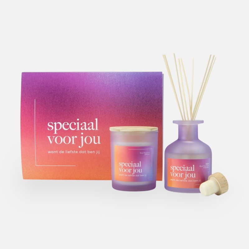 boîte cadeau de luxe personnalisée avec bougie parfumée 100gr et diffuseur de parfum 100ml - speciaal voor jou