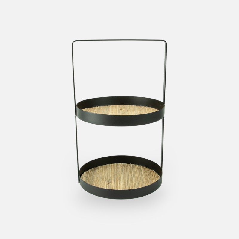 Etagère métal ronde 2 niveaux avec cannage rotin - noir