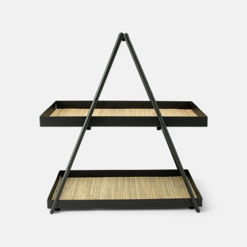 Etagère métal rectangle 2 niveaux avec cannage rotin - noir