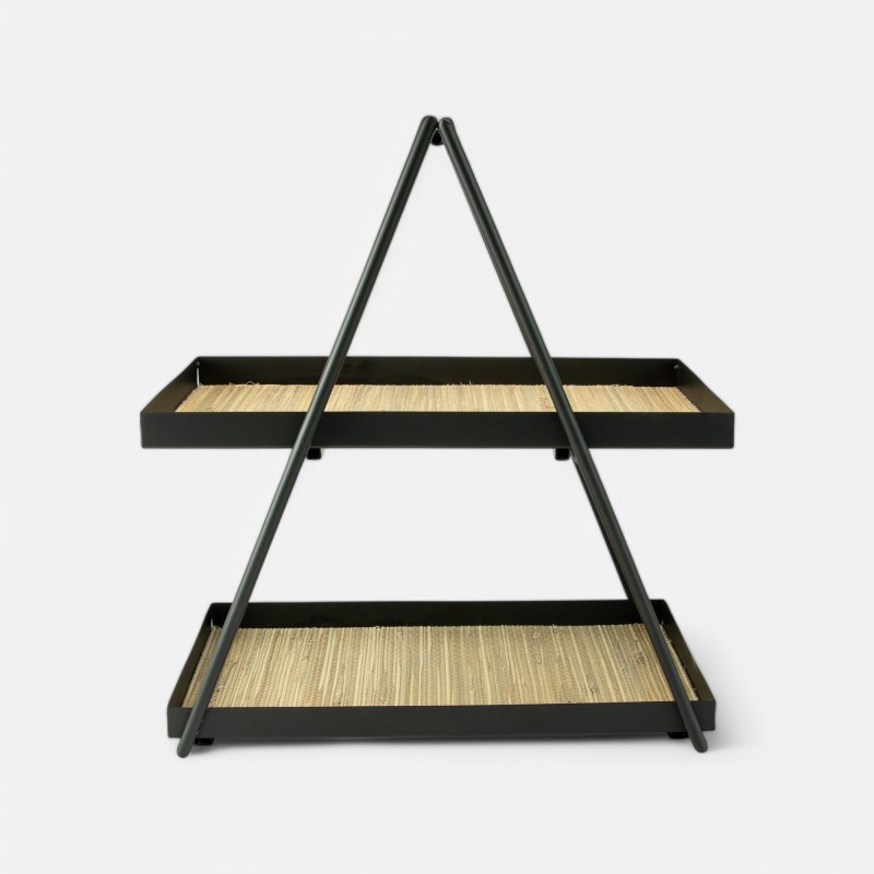 Etagère métal rectangle 2 niveaux avec cannage rotin - noir