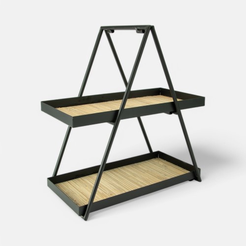 Etagère métal rectangle 2 niveaux avec cannage rotin - noir