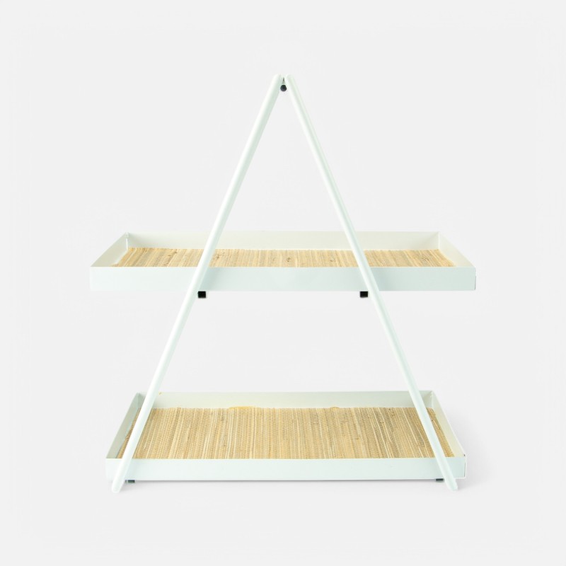 Etagère métal rectangle 2 niveaux avec cannage rotin - blanc