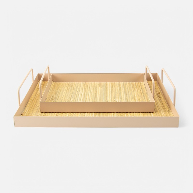 Set de 2 plateaux rectangle en métal avec cannage rotin - Blush