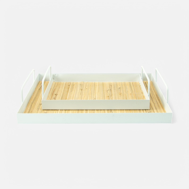 Set de 2 plateaux rectangle en métal avec cannage rotin - Blanc