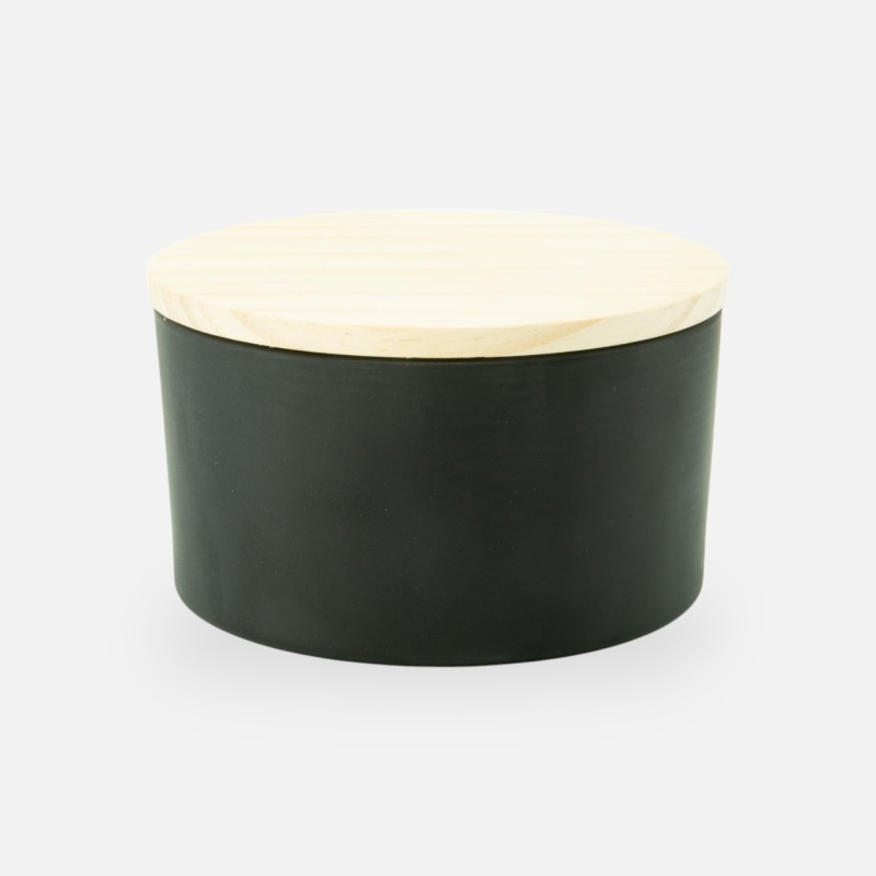 Luxe geurkaars laag frosted zwart met houten deksel – small