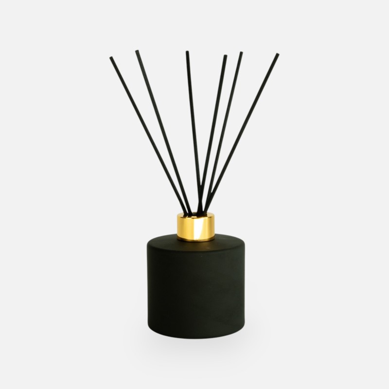 set bouteille de parfum cyl. noir bouchon doré/bâtons - 200 ml