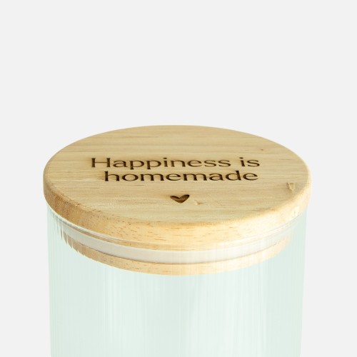 Pot cylindrique en verre avec intérieur nervuré et couvercle en bois - 'Happiness is homemade'