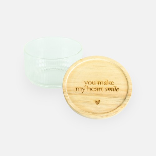 Pots cylindrique en verre avec intérieur nervuré et couvercle en bois - 'You make my heart smile'