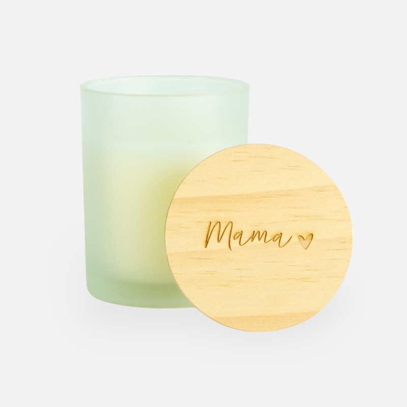 Geurkaars met houten deksel frosted wit - 'mama'