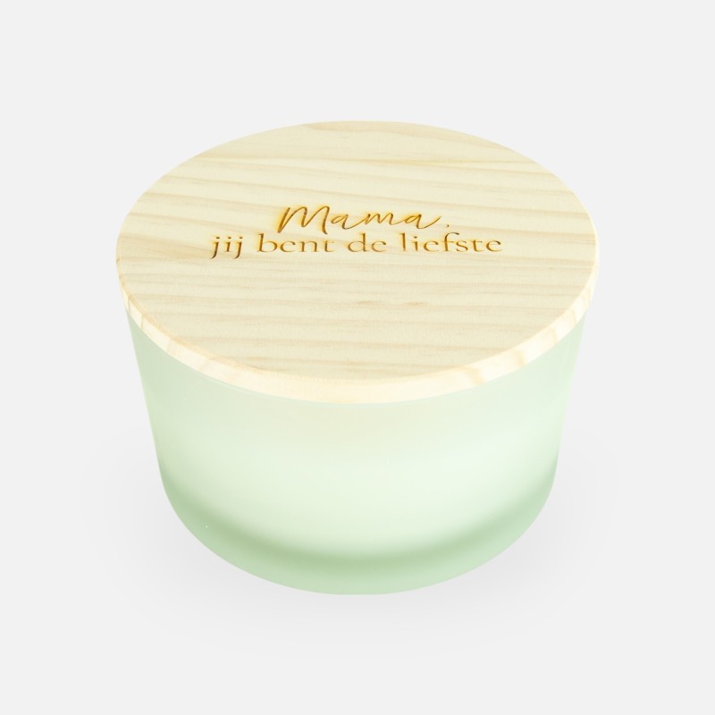 Luxe geurkaars laag frosted wit met houten deksel – 'mama, jij bent de liefste'