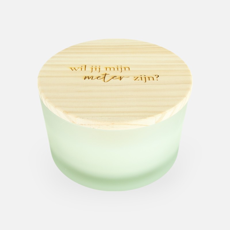 Luxe geurkaars laag frosted wit met houten deksel – 'Wil jij mijn meter zijn?'