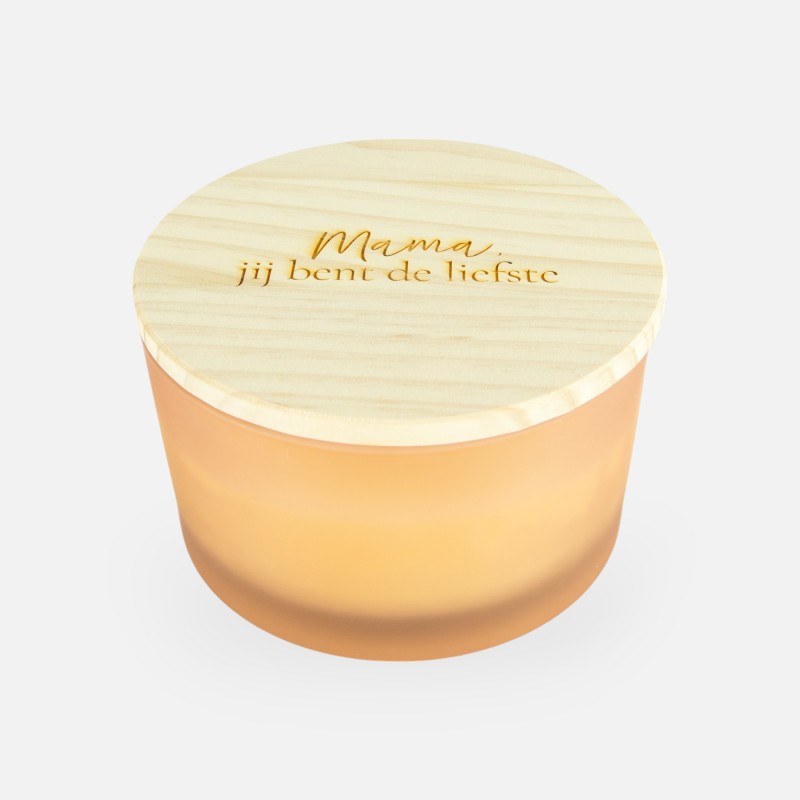Luxe geurkaars laag frosted blush met houten deksel – 'mama, jij bent de liefste'