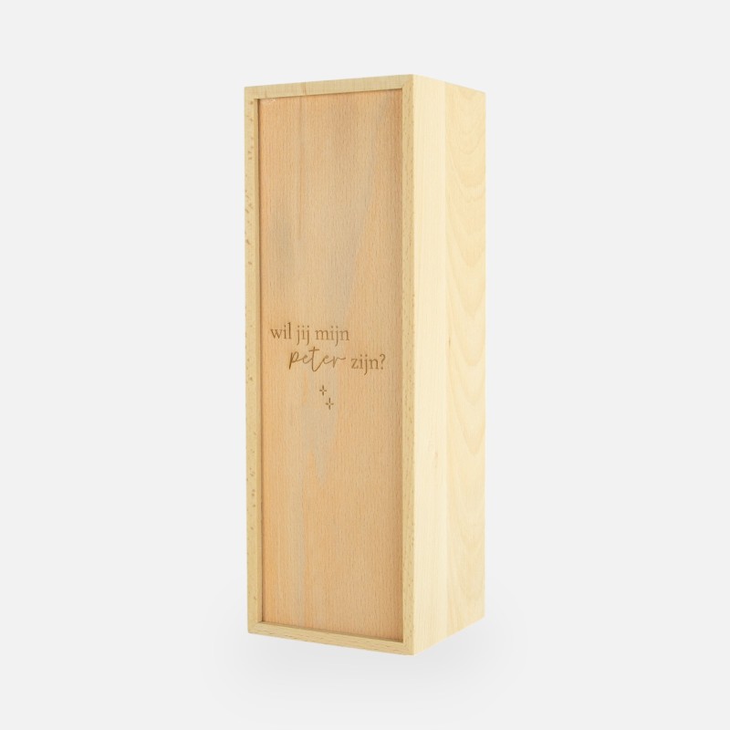 Boîte à vin en bois avec couvercle coulissant - 'Wil jij mijn peter zijn?'