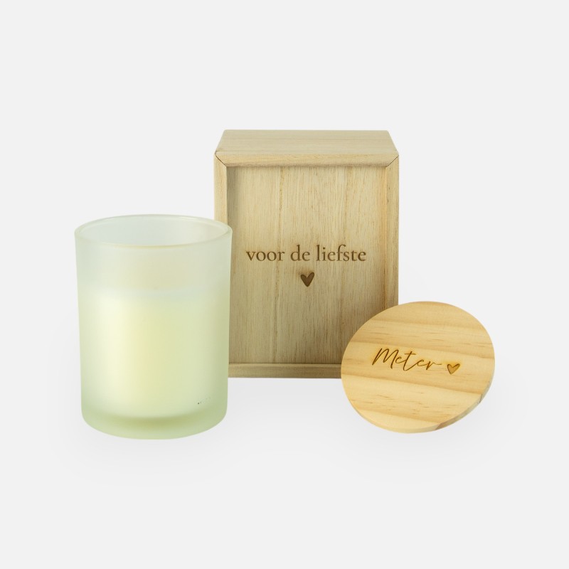 Coffret cadeau en bois avec couvercle coulissant et bougie parfumée blanche - 'Voor de liefste' / 'Meter'