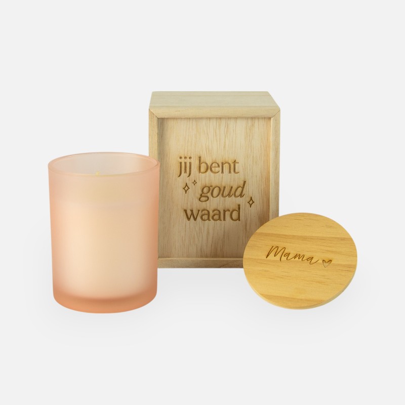Coffret cadeau en bois avec couvercle coulissant et bougie parfumée blush - 'Jij bent goud waard' / 'Mama'