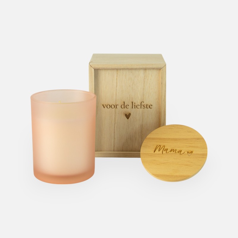 Coffret cadeau en bois avec couvercle coulissant et bougie parfumée blush - 'Voor de liefste' / 'Mama'