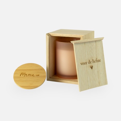 Geschenkset houten kistje met schuifdeksel & geurkaars blush - 'Voor de liefste' / 'Mama'