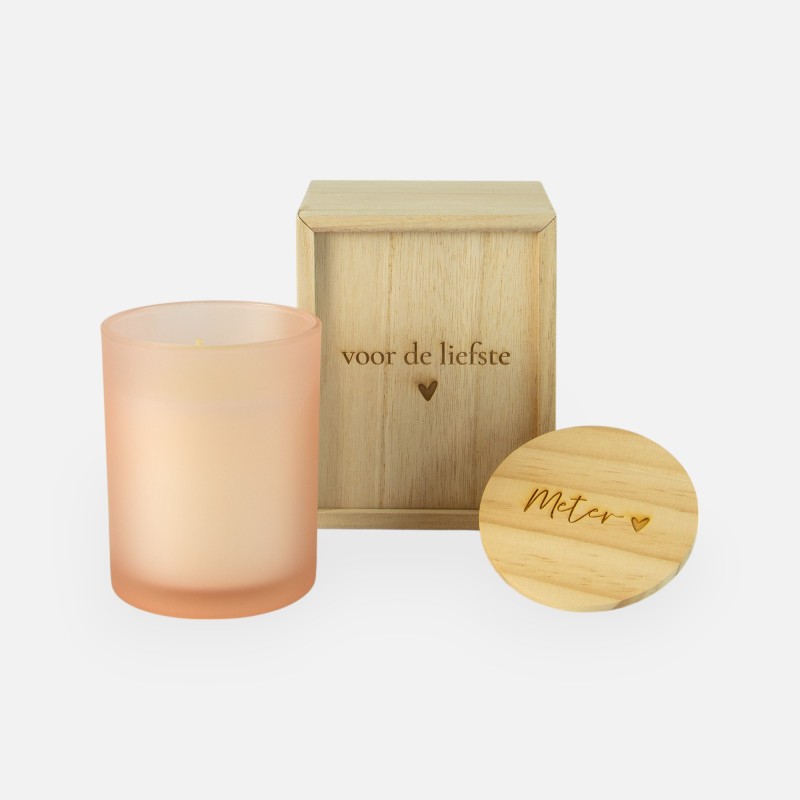 Coffret cadeau en bois avec couvercle coulissant et bougie parfumée blush - 'Voor de liefste' / 'Meter'