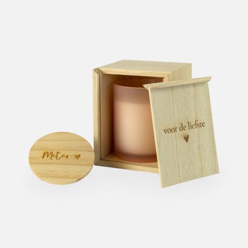 Geschenkset houten kistje met schuifdeksel & geurkaars blush - 'Voor de liefste / 'Meter'