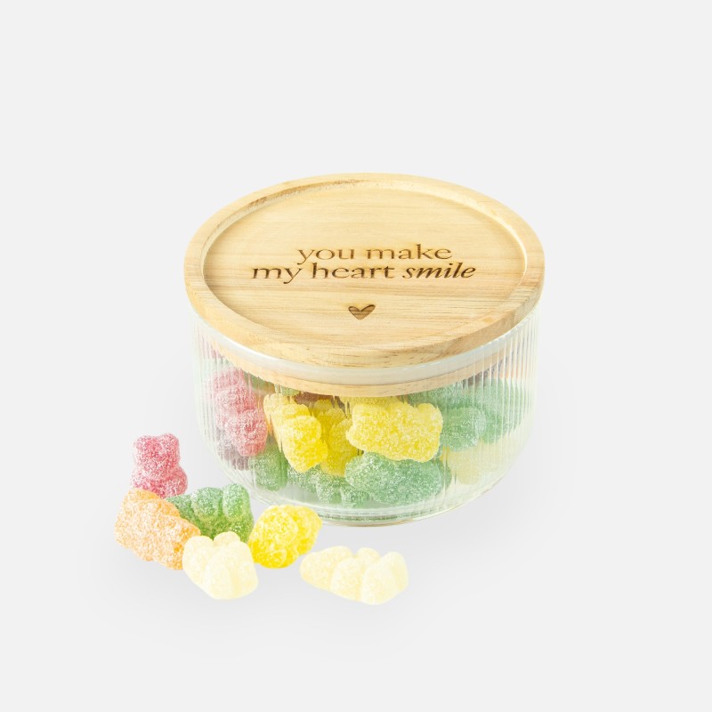 Pots cylindrique en verre avec intérieur nervuré et couvercle en bois - 'You make my heart smile'