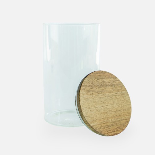 Glazen cylinder pot met houten deksel acacia